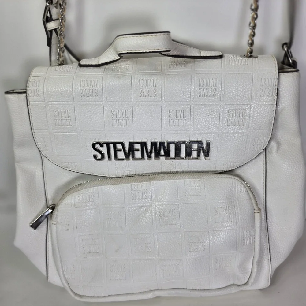 Steve Madden White Monogram Backpack Purse Crossbody Bag BSeyda Faux Leather SM